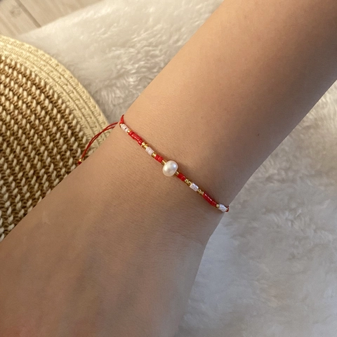 Handmade Woven Bracelet With Artificial Pearl And Seed Beads Adjustable Drawstring Bohemian Summer Jewelry For Women