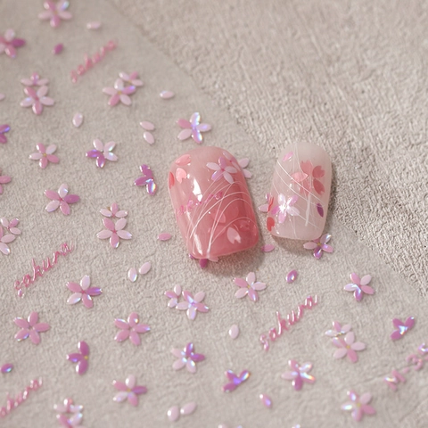 Relief Sakura Nail Art Stickers Holographic Cherry Blossom Floral Self Adhesive DIY Manicure Decals M-355