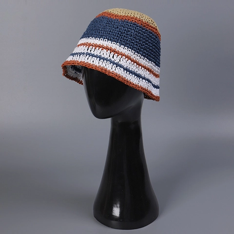 Women's Handmade Paper Straw Striped Bucket Hat Summer Breathable Foldable Crochet Fisherman Hat Sunshade Beach Sun Hat