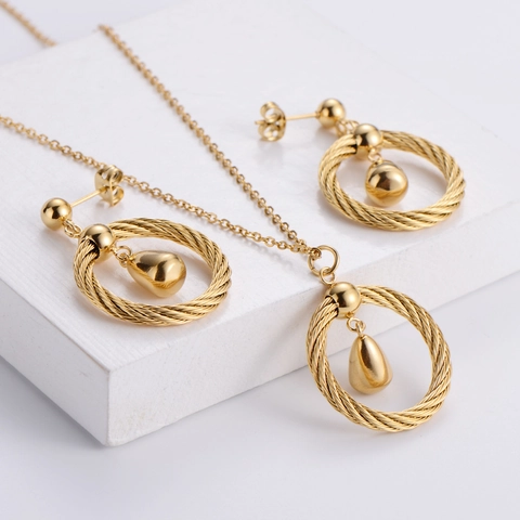 18K Gold Plated 316 Stainless Steel Necklace And Earrings Jewelry Set Twisted Woven Circle Water Drop Pendant Elegant