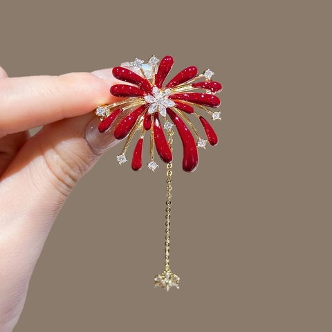 Fireworks Flower Brooch Pin Alloy Red Enamel Rhinestone With Tassel Chain Star Pendant Vintage Elegant Jewelry For Women