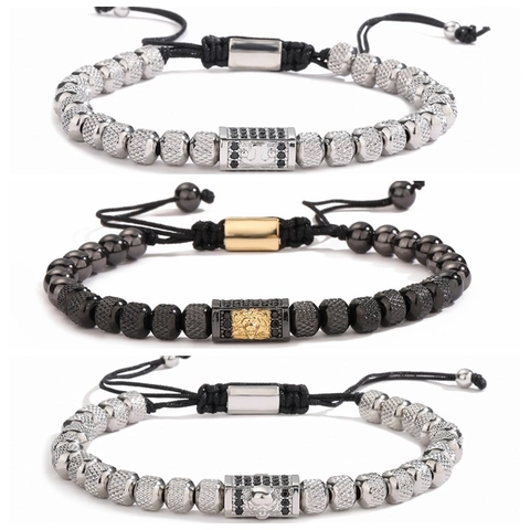 Bracciale Di Perline Corona Testa Di Leone Teschio Croce Charms Perline Di Metallo Regolabile Cordino Intrecciato
