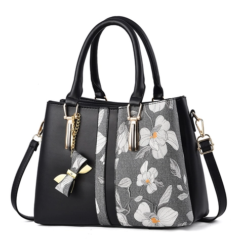 Women Handbag PU Leather Floral Embroidery Bow Charm Shoulder Crossbody Bag Large Capacity Elegant Casual Tote