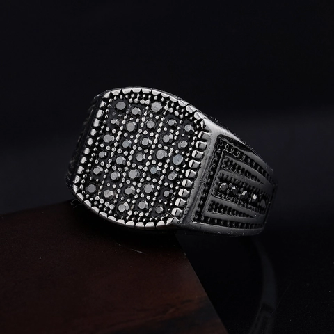 Anello Sigillo Vintage Da Uomo In Acciaio Inossidabile Con Zirconi Neri Gioielli Stile Punk Retrò