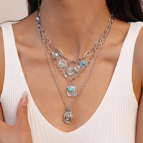 Multi Layer Necklace Alloy Turquoise Retro Western Bohemian Heart Cowboy Hat Boots Pendant Jewelry For Women