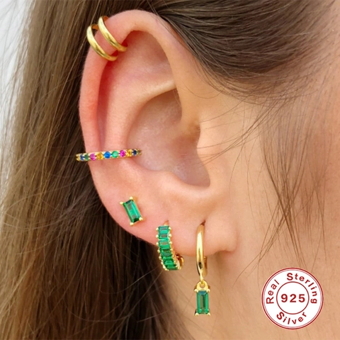Huggie Hoop Ohrringe Aus 925 Sterlingsilber Mit Zirkonia Im Baguetteschliff Rechteckiger Bunter Stein Minimalistisch Für Damen