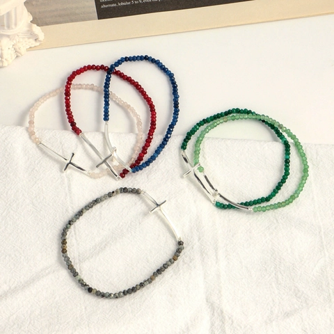 Faceted Beaded Bracelet Natural Stone Artificial Crystal Copper Silver Plated Curved Cross Religious Prayer For Women