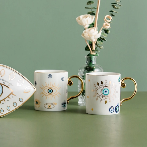 Keramische Mok Met Gouden Handvat Evil Eye Hamsa Hand Patronen Scandinavisch Luxe Koffie Melkbeker Kantoor Thuis