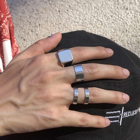 Minimalist Polished Alloy Signet And Band Rings For Men Hip Hop Street Style Silver Tone High Street Fashion Accessories