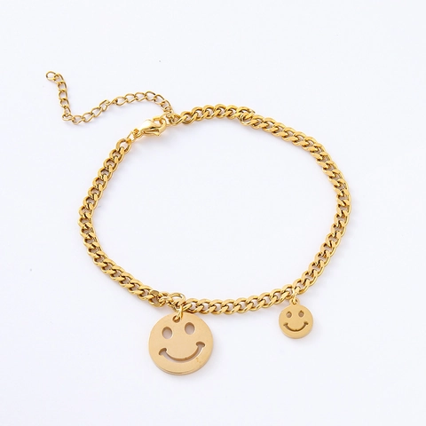 Lächeln Gesicht Anhänger Armband 304 Edelstahl 18K Vergoldet Panzerkette Verstellbar Schmuck Damen Mädchen Einfach Süß