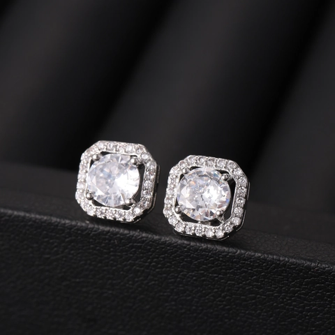 Square Halo Stud Earrings Copper Cubic Zirconia Round Gemstone Geometric Jewelry Women Stainless Steel Earring Post