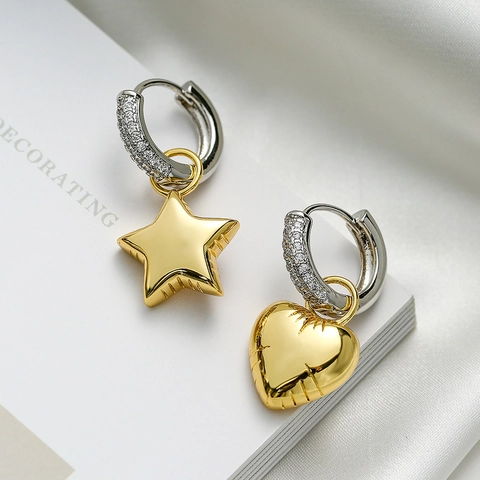 Asymmetric Heart Star Drop Earrings Copper Cubic Zirconia Studded Gold Plated Minimalist Elegant Jewelry Women