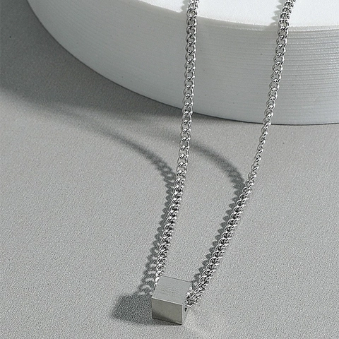 Minimalist Cube Pendant Titanium Steel Necklace Jewelry