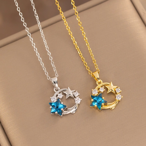 Collana in Acciaio al Titanio con Stella e Luna Minimalista per Donna Stella Blu con Strass Intarsiati Collana a Catena placcata Oro Argento Gioielli Regalo