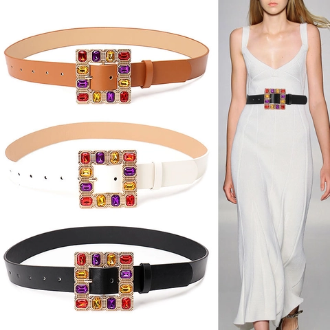 Fashion Women Artificial Leather Belt With Colorful Rhinestone Square Buckle Vintage Luxury Waist Strap For Dress Party