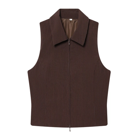 Gilet Senza Maniche Con Cerniera Marrone Gessato E Pantaloni Gamba Larga Donna Streetwear Poliestere