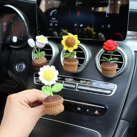 Handmade Crochet Car Air Vent Clip Potted Flower Ornament Yarn Sunflower Rose Daisy Auto Interior Decoration Cute