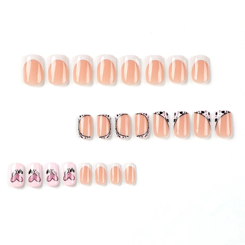 French Tip Press On Nails Long Square Pink Glitter Heart Black Polka Dot Glossy False Nails For Women