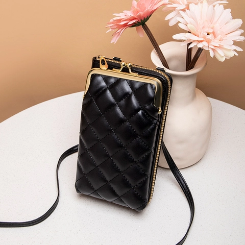 Damen Gesteppte PU Leder Handy Umhängetasche Kiss Lock Portemonnaie Mit Kartenfächern Und Verstellbarem Riemen