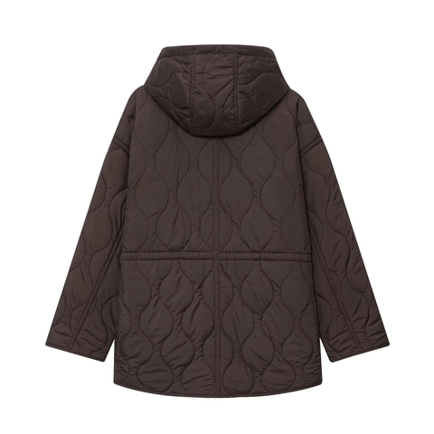 Veste Matelassée à Capuche pour Femme Taille à Cordon Motif Vagues Manteau Rembourré Mi-Long Élégant Manches Longues Décontracté