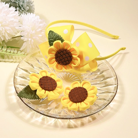 Kinder Sonnenblume Stirnband Und Haarklammern Gelb Stoff Schleife Rutschfest Blume Haarschmuck Für Mädchen Kleinkinder