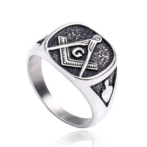 Men's Vintage Stainless Steel Freemasonry Signet Ring Polished Punk Masonic Square Compasses Symbol G Jewelry Band Ring