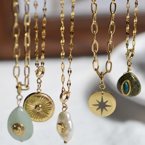 French Vintage Stainless Steel 18K Gold Plated Natural Stone Pendant For DIY Jewelry Making Women Retro Evil Eye Star Shell Necklaces