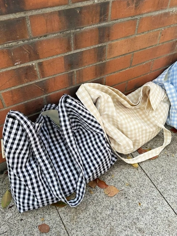 Large Capacity Plaid Canvas Tote Bag Gingham Cotton Shoulder Bag Japanese Style Retro Shopping Handbag For Women Student