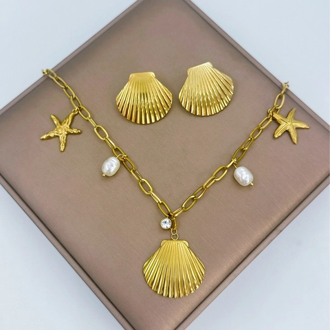 Set di Collana e Orecchini in Stile Oceano Estate Spiaggia Conchiglia Stella Marina Acciaio al Titanio Perla Artificiale Strass Gioielli da Donna