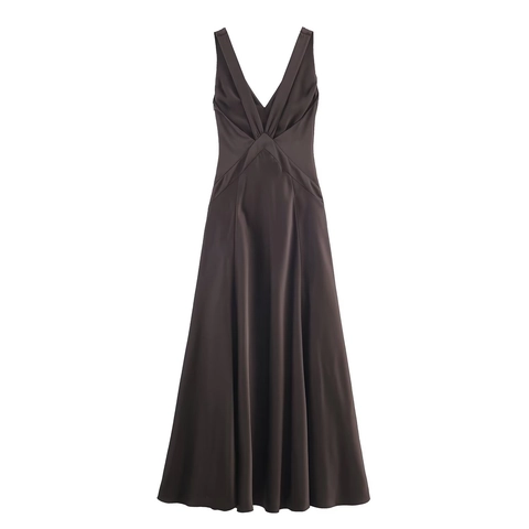 Elegantes Kaffee Satin Maxikleid Tiefer V Ausschnitt Ärmellos Geraffte Taille Hoher Schlitz Urlaubsstil Für Damen