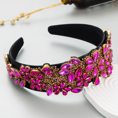 Cerchietto a Fiori con Strass Barocco di Lusso per Donna Vintage Colorato Cristallo di Vetro Perlato Fascia Larga Accessori per Feste Matrimonio