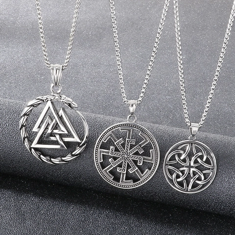 Viking Nordic Mythology Pendant Necklace Stainless Steel Retro Valknut Celtic Knot Slavic Sun Wheel For Men