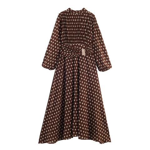 Vestito Lungo A Pois Pieghettato Collo Alto Maniche A Lanterna Poliestere Elegante Donna Con Cintura
