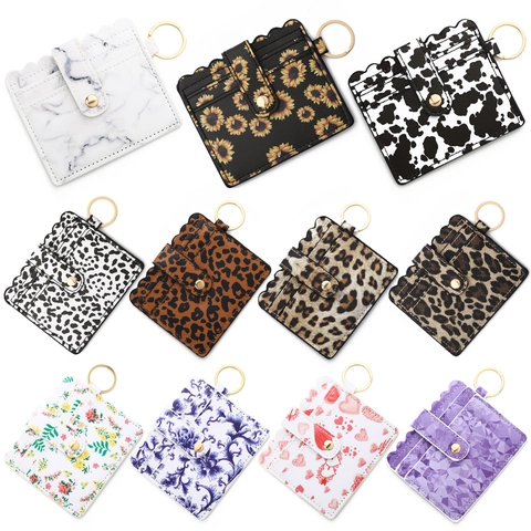 PU Leather Card Holder Wallet Scalloped Edge Snap Button Golden Keyring Stylish Credit Card Case For Women Daily Use