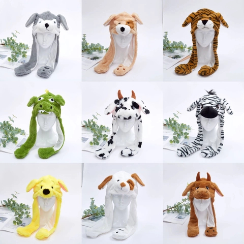 Chapeau en Peluche Animal Mignon avec Oreilles Mobiles Drôle de Chapeau à Oreillettes à Airbag Doux Hiver Chaud Dessin Animé Husky Tigre Dinosaure Vache Zèbre Couvre-chef pour Enfants Femmes Fête Cosplay Cadeau