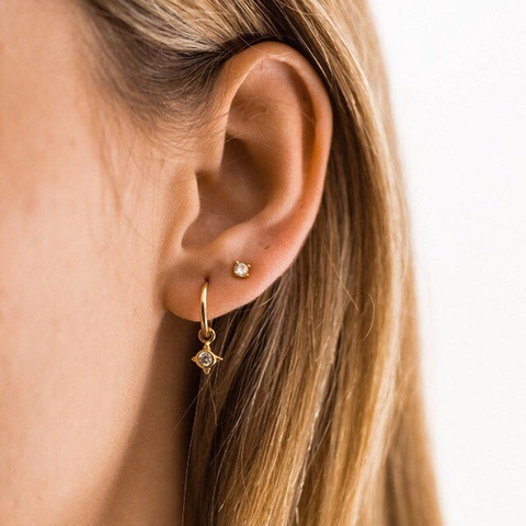 Fashion Copper Star Dangle Earrings With 925 Sterling Silver Earring Post Colorful Zirconia Inlaid Evil Eye Hoop Earrings