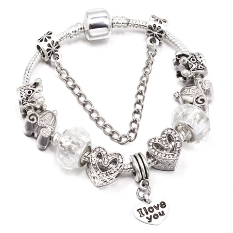 Silver Plated Heart Crown Charm Bracelet For Women Rhinestone Inlaid Snake Chain Jewelry Festival Gift Accessory