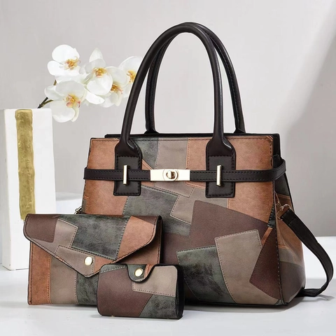 Women PU Leather Patchwork Handbag Shoulder Bag Crossbody Bag Commuting Retro Bags With Clutch And Card Holder