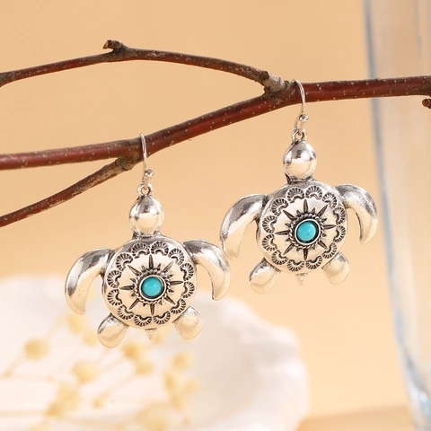 Vintage Alloy Ocean Theme Drop Earrings For Women Antique Silver Sea Turtle Dolphin Starfish Octopus Flower Earrings Jewelry