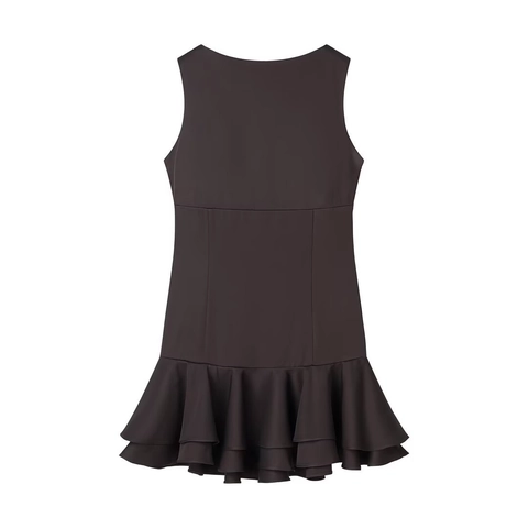 Ärmelloses Minikleid Rundhalsausschnitt Gestufter Volantsaum Gewebtes Polyester Chic Urlaub Kaffeebraun Damen Mode