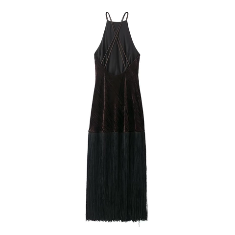 Sexy Rugloos Fluweel Halter Midi Jurk Met Lange Franjes Kwastjes Elegante Koffie Feest Banket Bodycon Avondjurk Voor Dames