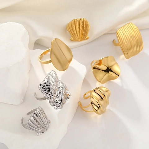 3D Wrinkled Stainless Steel Open Ring Minimalist Geometric Adjustable Shell Finger Ring Fashion Jewelry For Women Men