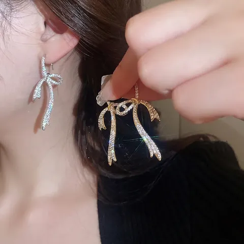 Bowknot Drop Earrings With Zircon Ribbon Dangle Copper Elegant Jewelry For Women With Silver Earring Post