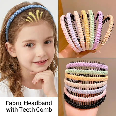 Diadema Antideslizante Para Niñas Niños Tela Plisada Con Dientes Banda De Pelo Simple Color Sólido Cuadros Accesorio