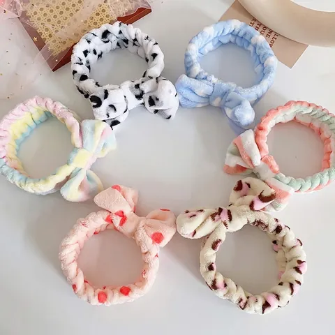 Soft Flannel Bow Tie Headband For Face Washing Makeup Skincare Elastic Coral Fleece Spa Hair Band For Women Girls