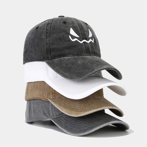 Funny Halloween Monster Face Embroidery Washed Cotton Baseball Cap Distressed Retro Peaked Hat Adjustable For Men Women