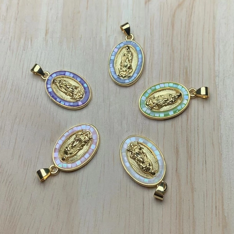 Virgin Of Guadalupe Pendant 18K Gold Plated Brass Mother Of Artificial Pearl Shell Cubic Zirconia Oval Religious DIY Jewelry Making