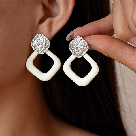 Geometric Square Earrings With 925 Sterling Silver Earring Post Alloy Resin Hammered Texture Fashion For Women