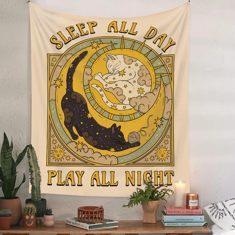 Tapisserie Murale Bohème Polyester Chat Tarot Céleste Lune Étoile Vintage Toile De Fond Décoration Pour Chambre
