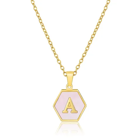 Hexagon Initial Letter Pendant Necklace 18K Gold Plated Stainless Steel Pink Natural Shell Mother Of Artificial Pearl Chic Jewelry